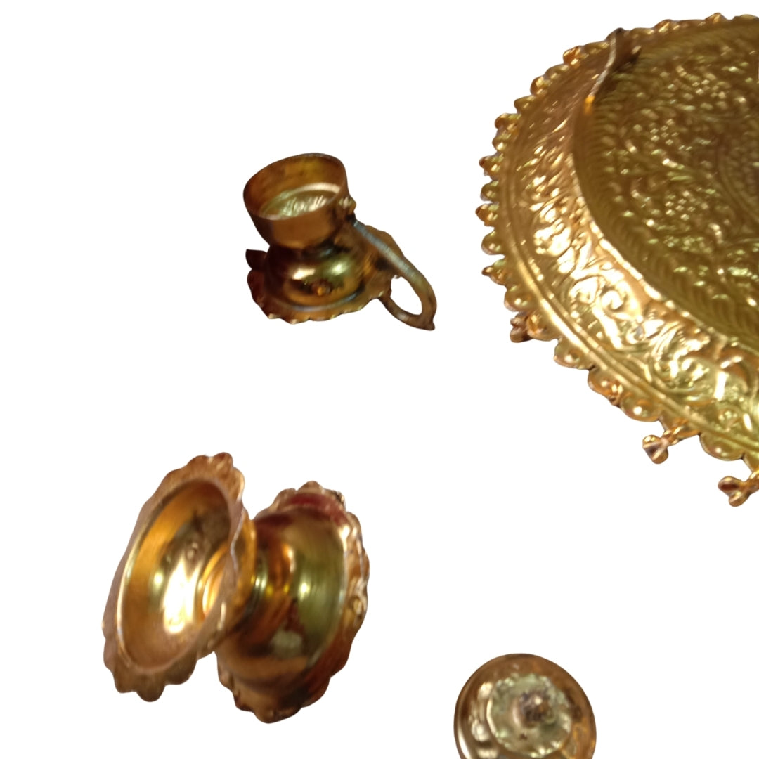 Gold Plated Complete Pooja Thali Set in Red Velvet Box for Sacred Worship