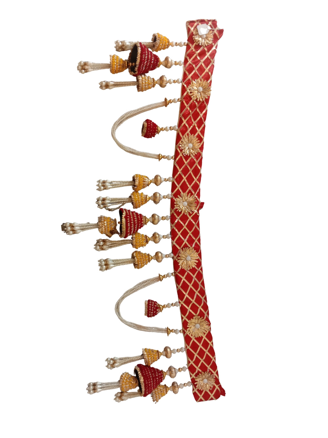 red gota cloth top with yellow & red gota cone hanging toran