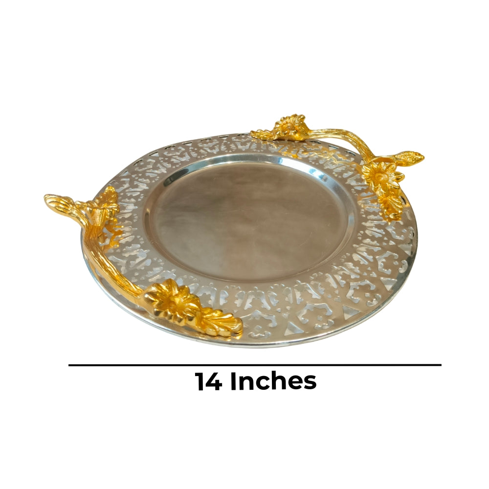 Brass metal silver plated round cutwork tray with metal handle small