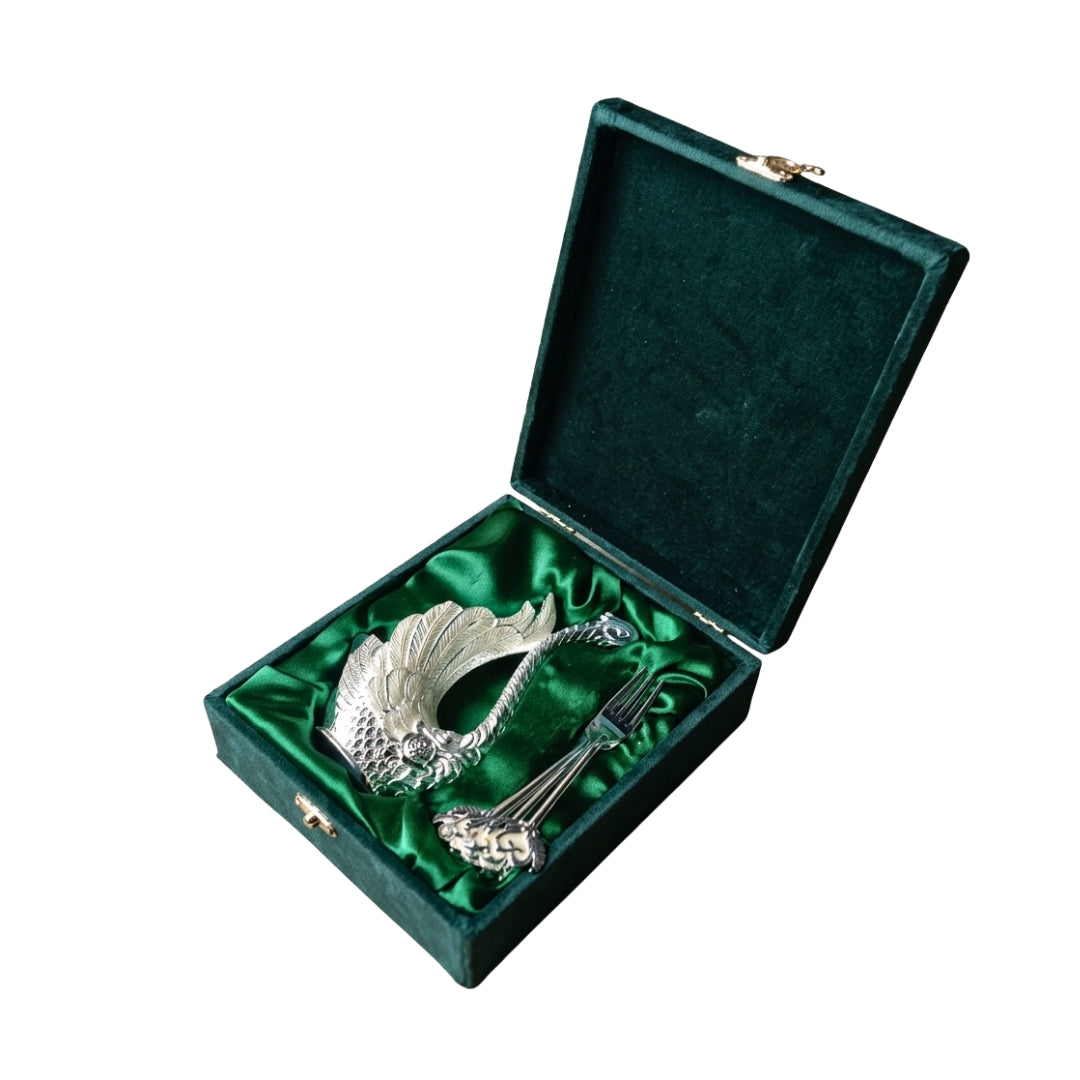White Metal Swan Holder with Set of 6 Dessert Forks in Premium Gift Box