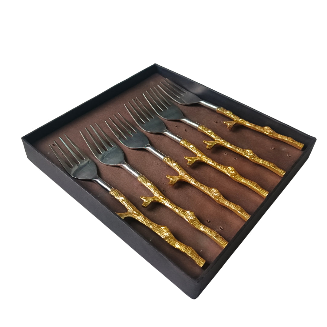 Cutlery Set Of 6 - Gold Twig Design Table Fork
