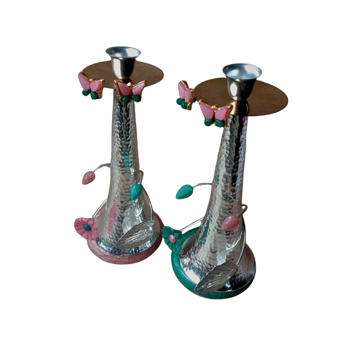 Hammered Silver-Plated Candle Stands with Floral Resin Base (Set of 2)