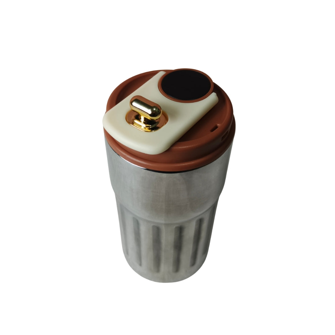 Stainless Steel Temperature Measure Sipper With Golden Capsule Knob And Brown Lid