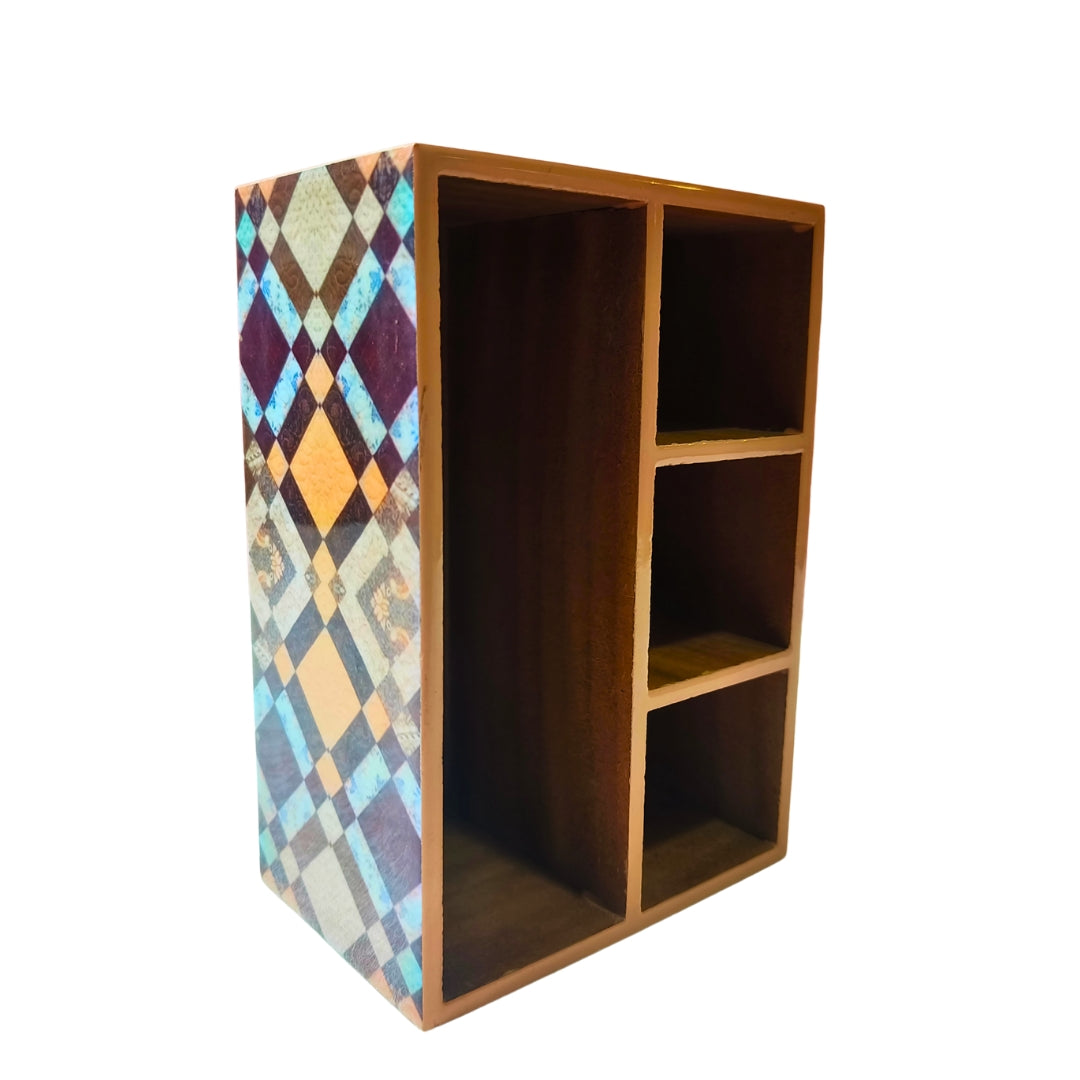 Caddy - Wooden 4 Partition Blue & Brown Diamond Print With Enamel