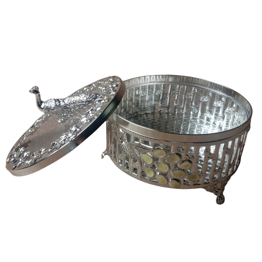 white metal Decorative Silver Peacock Design Round Storage Box with Lid