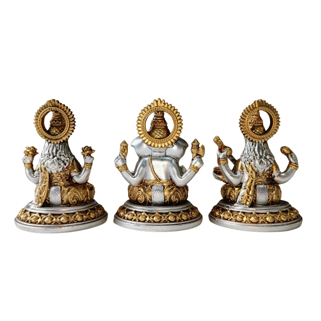 The Home Co. 999 Pure Silver & 24K Gold Plated Lakshmi, Ganesha & Saraswati Idol Set (Small) | Divine Trideva-Tridevi Murti with Premium Velvet Gift Box