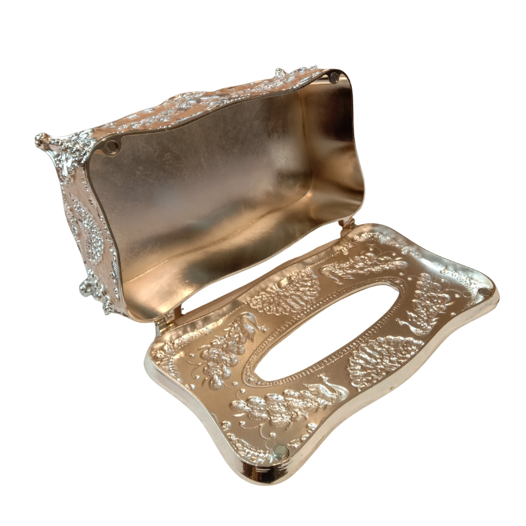 Tissuebox-white metal with peach enamel peacock design