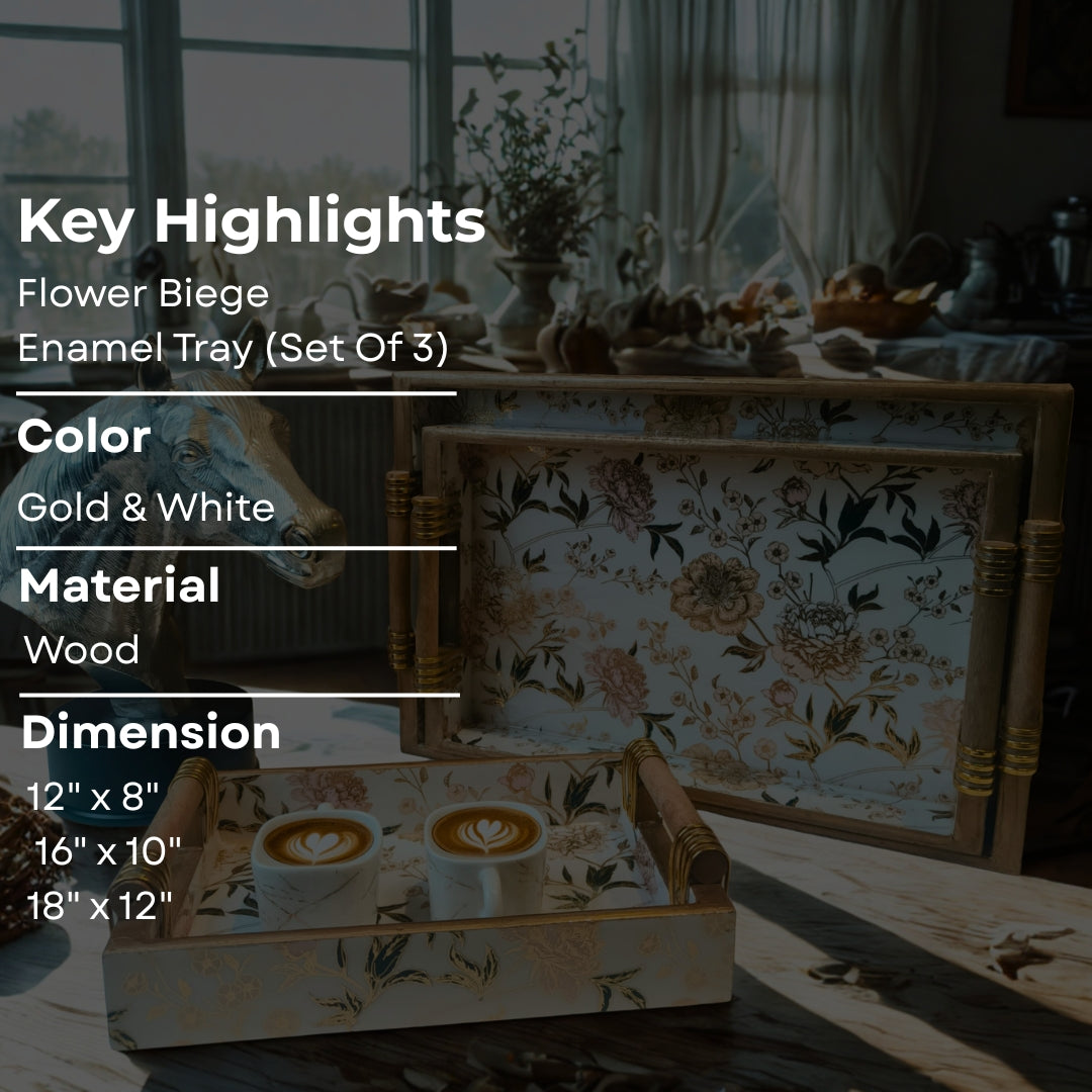 Tray Set Of 3 - White Flower with Wooden Handle