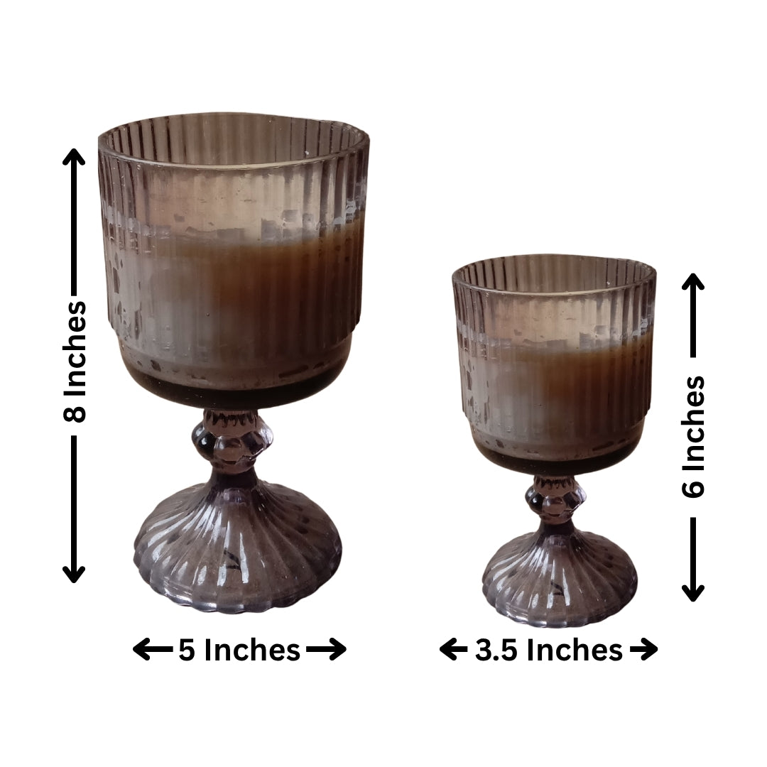 Set of 2 Grey Ribbed Glass Pedestal Scented Candles (Large & Small)