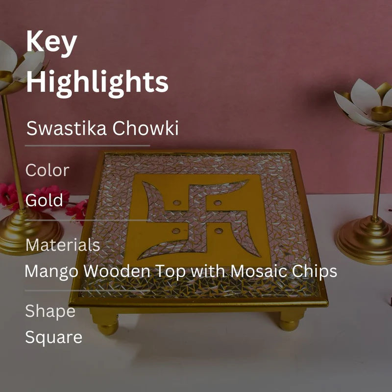 Swastic Design Mosaic Chips Wooden Chowki Large 16"