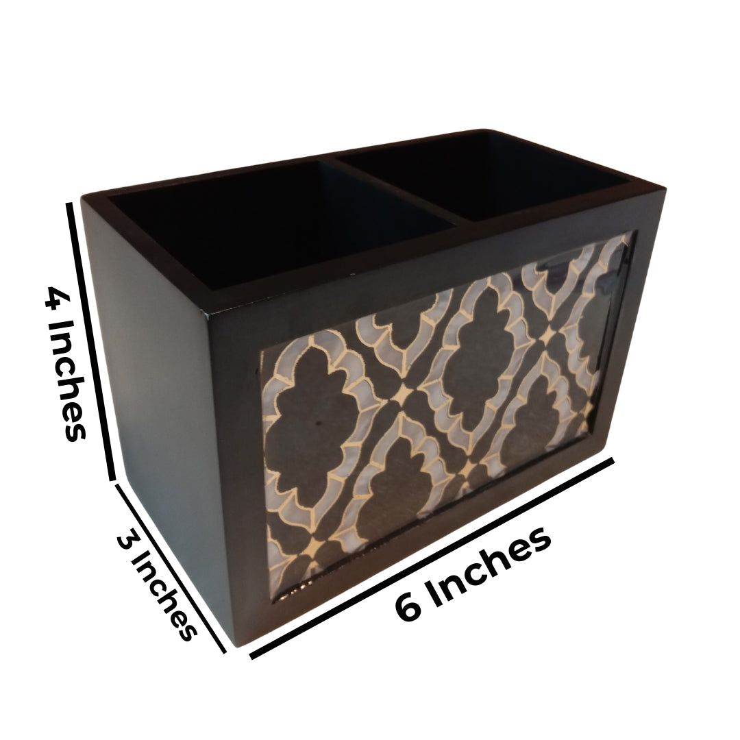 Wooden black mosaic abstract print & enamelled with deco paint 2 Partition Caddy