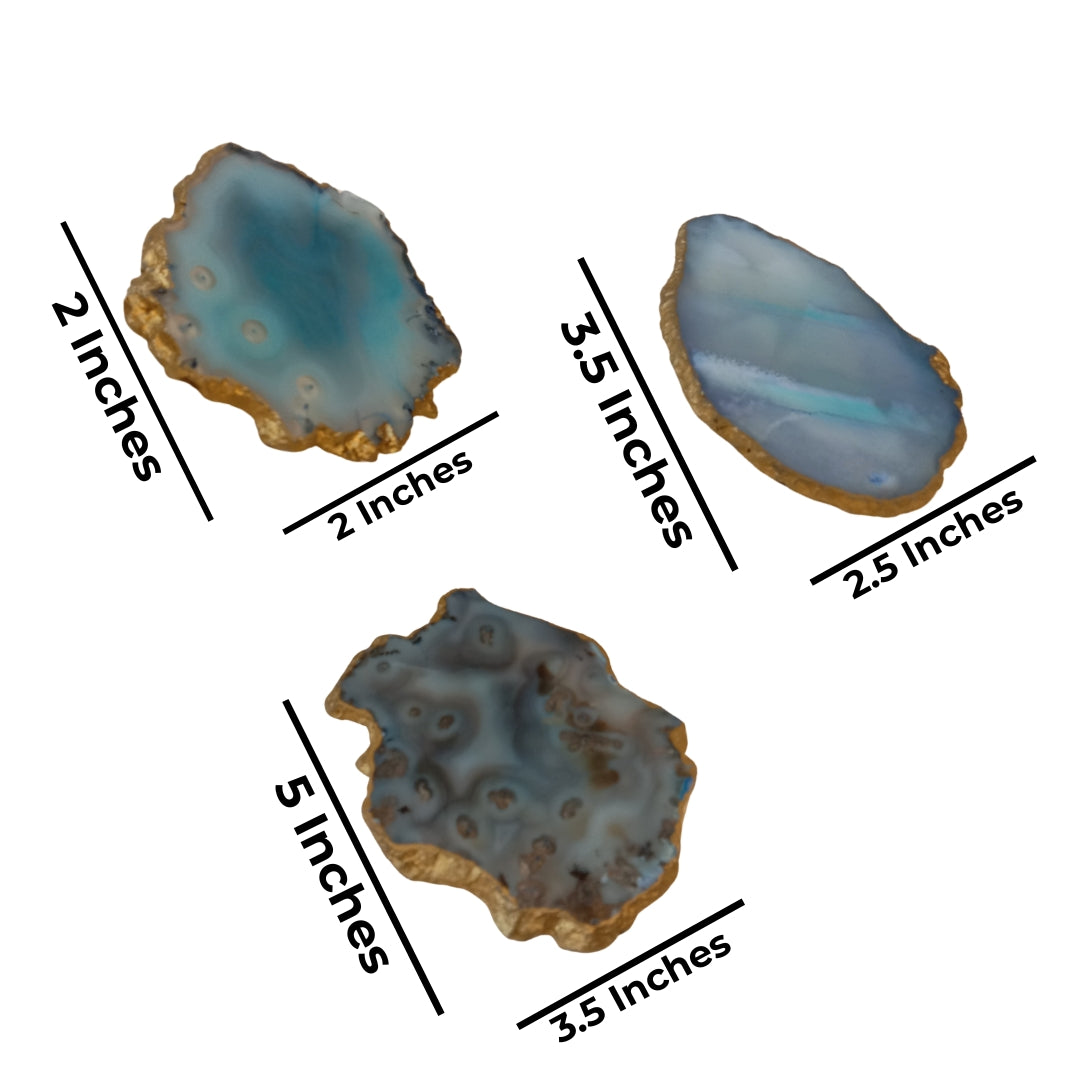 Table Coaster - Blue Agate Stone with Gold Lining Set Of 3