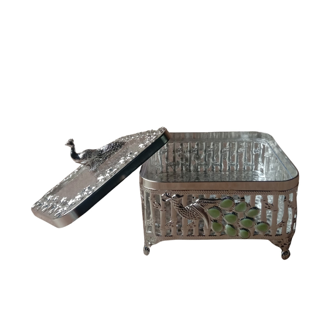 Decorative Silver Peacock Design Square Storage Box with Lid