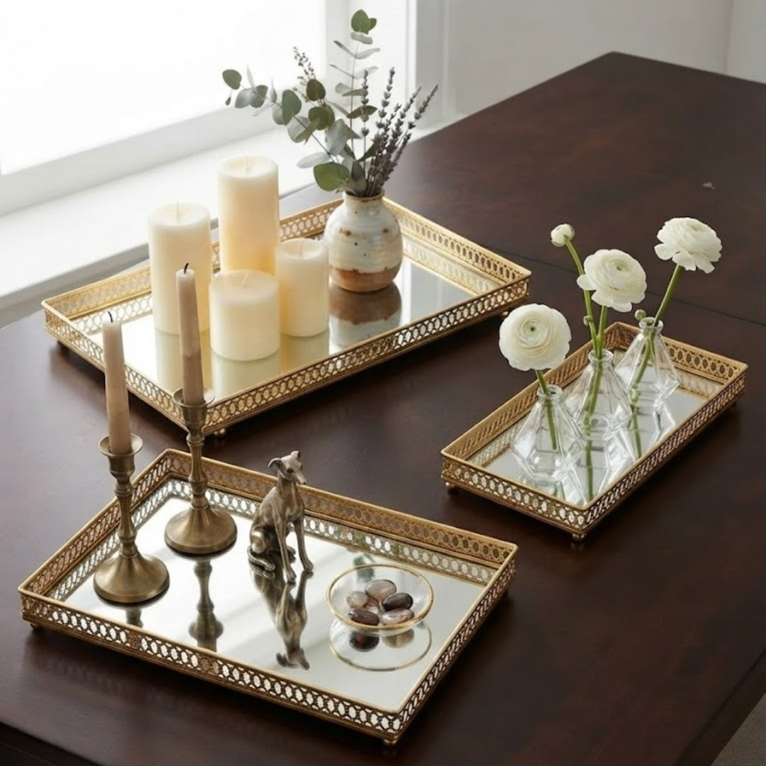 Decorative Gold Mirrored Tray Set 3