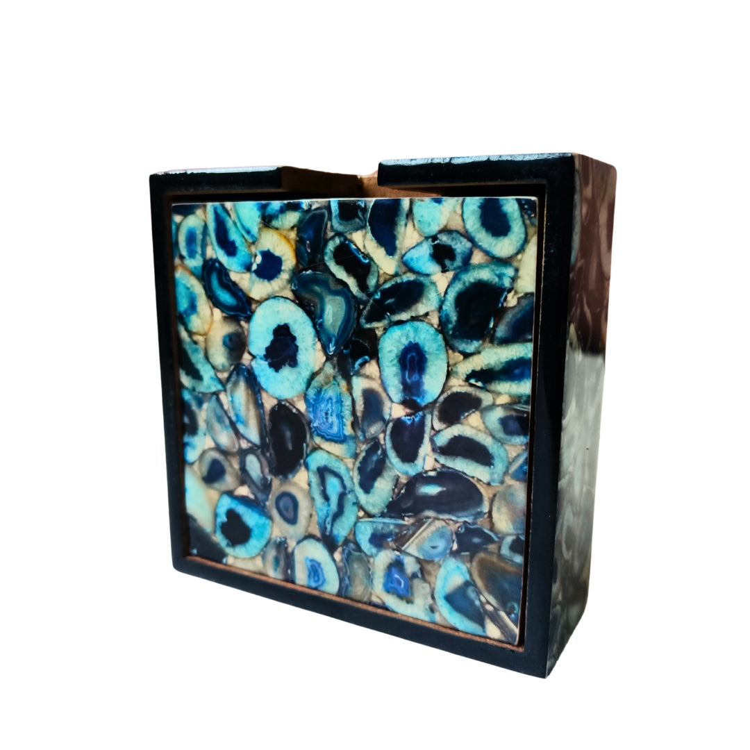 Table Coaster - Wooden Blue Agate Print With Enamel Set of 6