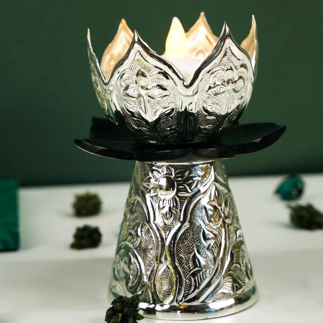 Brass Silver Plated Green Lotus Candle Stand