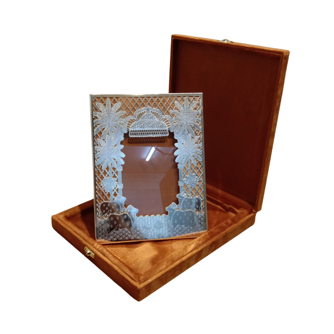 Silver Plated Pichwai Jhoomar & Cow Photo Frame (Tan Velvet Gift Box)