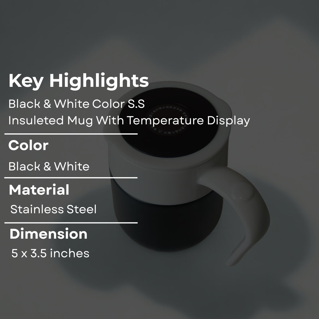 Black & White Temprature Measure Mug With Stainless Steel Insulted And Plastic Body