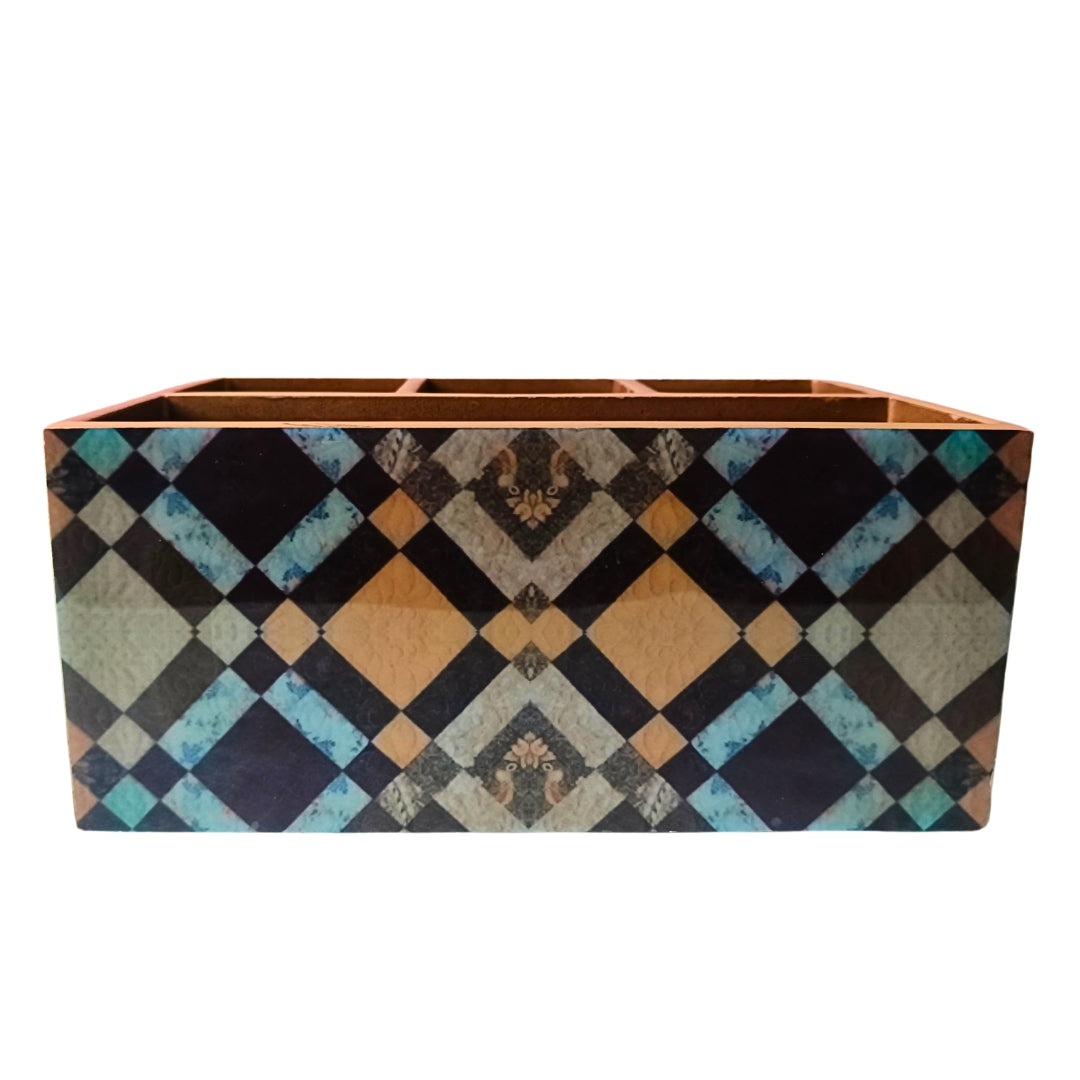Caddy - Wooden 4 Partition Blue & Brown Diamond Print With Enamel