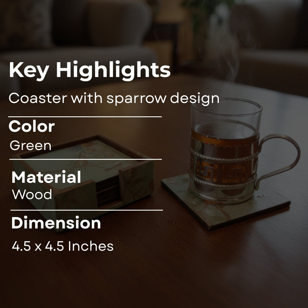 Table Coaster - green peacock & bird print & enamel set of 6