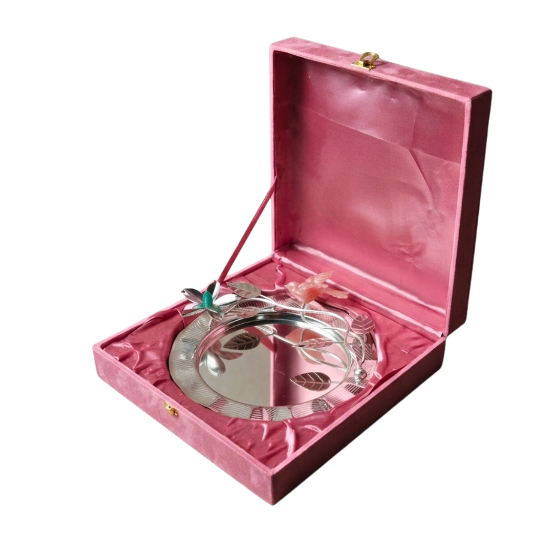 Silver Plated Round Platter with Flower & Resin Bird in Premium Gift Box