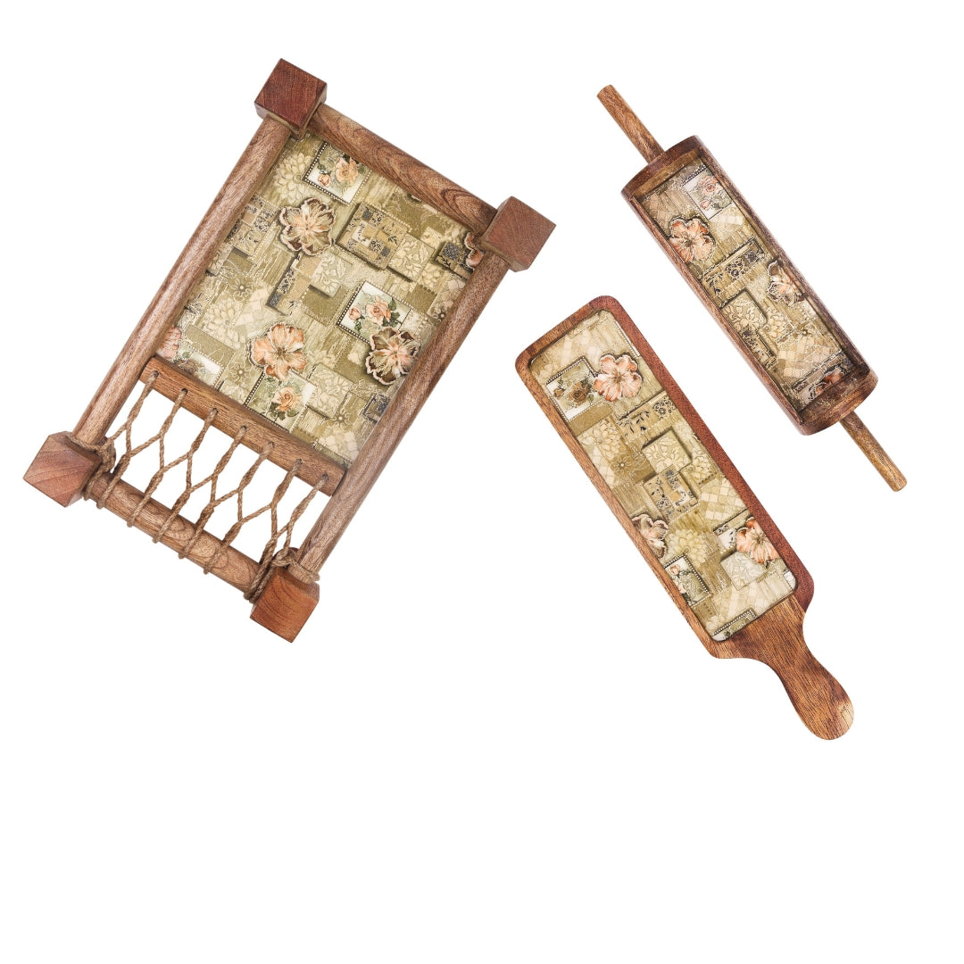 Green mughal print & enameled Wooden Khatiya Platter Set of 3 - khatiya platter , belan platter , bat platter