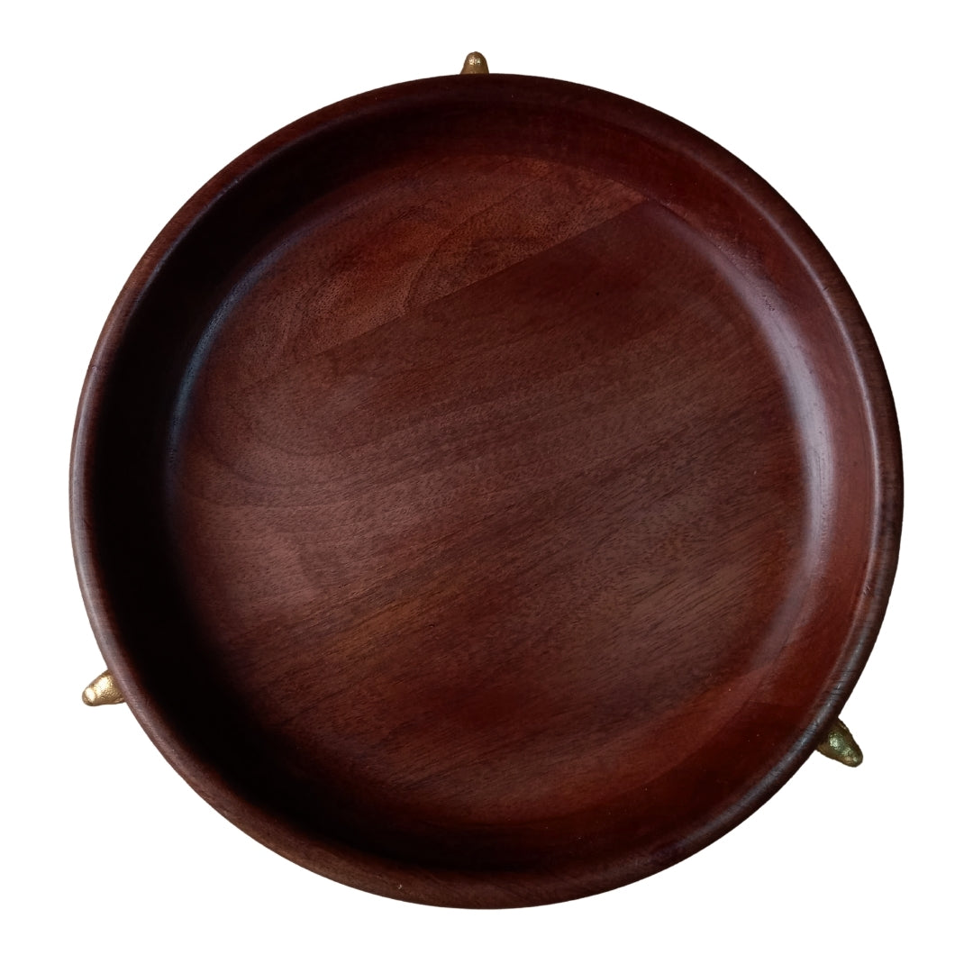 Dark Wood Round Serving Bowl with Gold Turtle Feet Stand