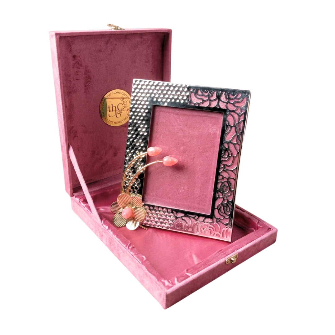 Silver Plated Hammered Photo Frame with Lotus Bud Accent | Premium Luxury Gift Box