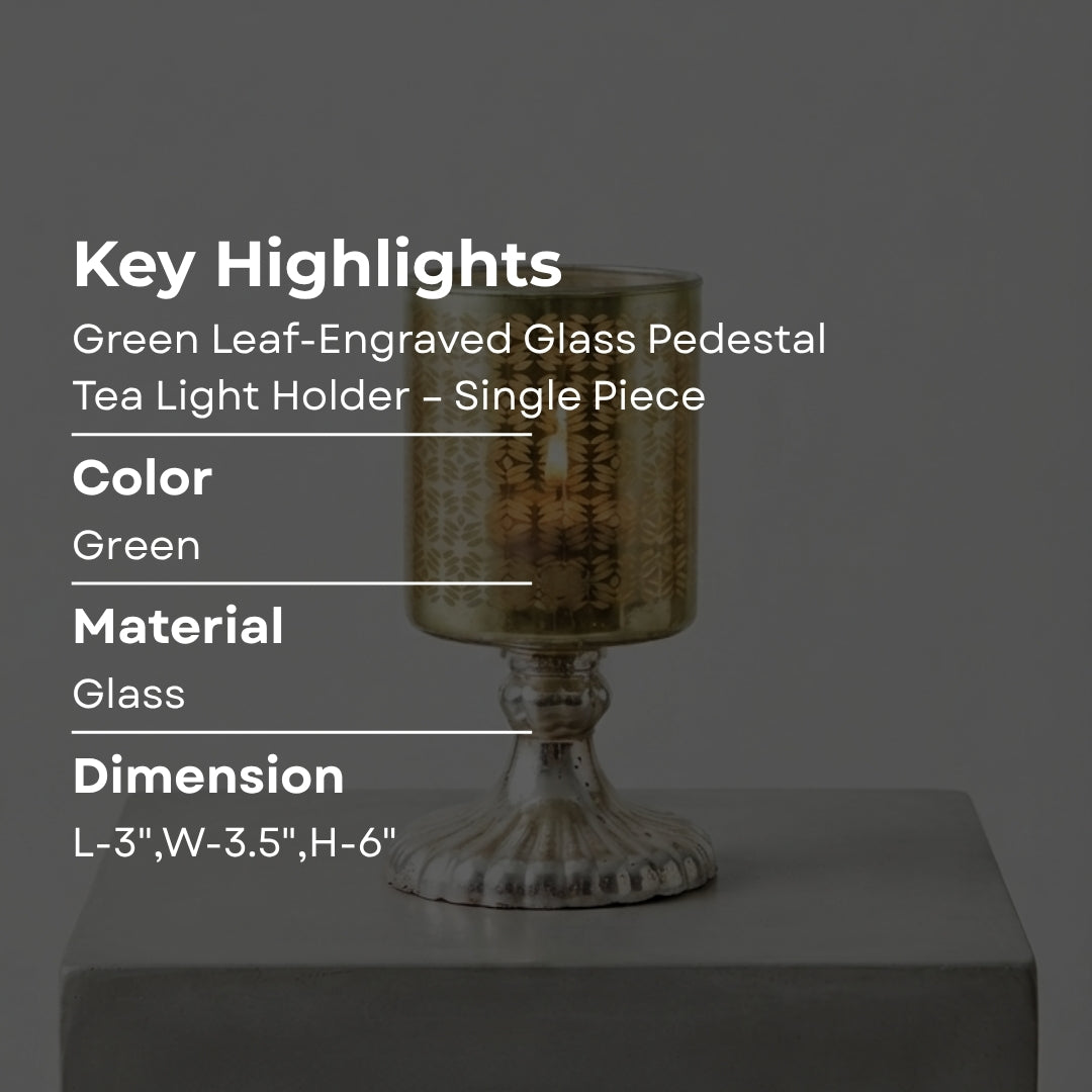 Green Leaf-Etched Glass Pedestal Tea Light Holders - single pc