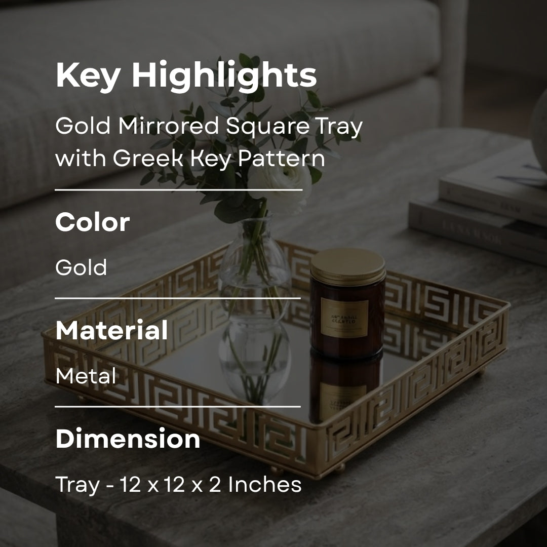 Gold Mirrored Square Tray with Greek Key Pattern