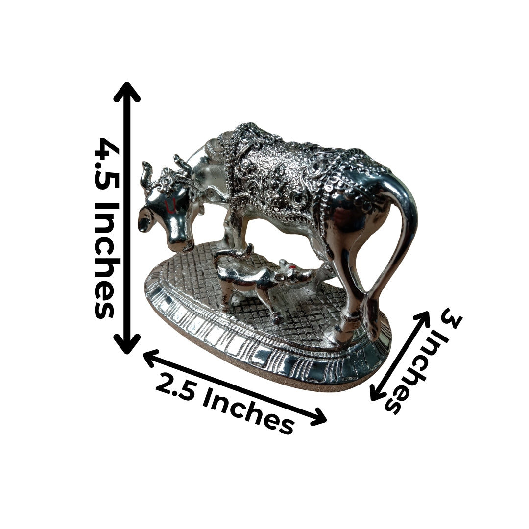 The Home Co- 999 Pure Silver Plated Kamdhenu Divine Om Cow and Calf Idol- 4.5"