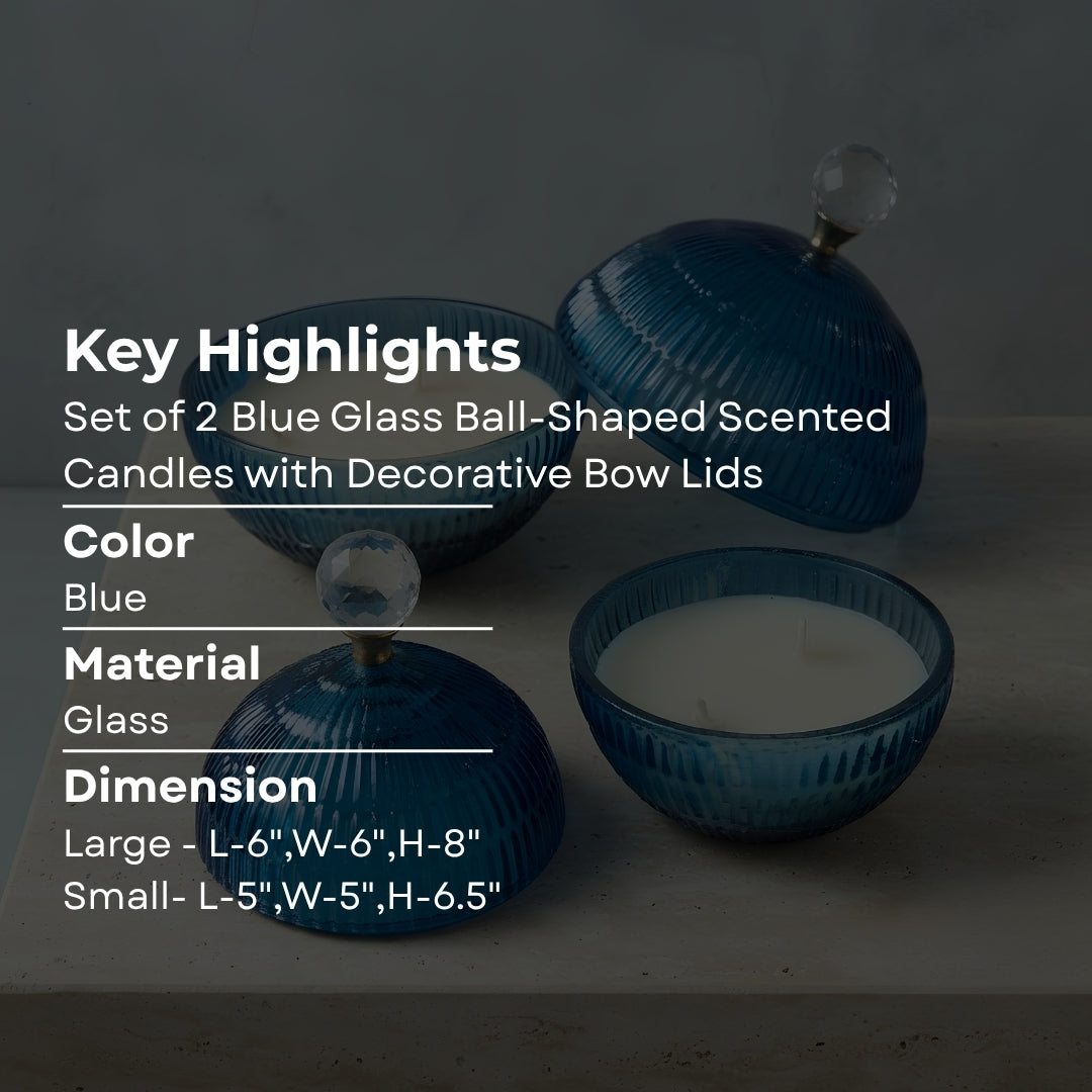 Set of 2 Blue Glass Ball-Shaped Scented Candles with Decorative Bow Lids