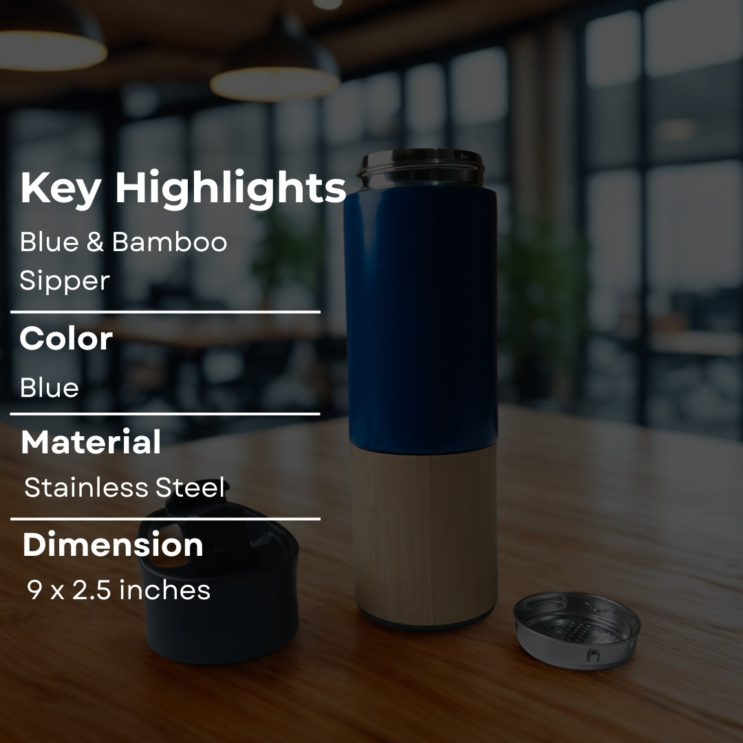 Blue Stainless Steel Sipper With Bamboo Base