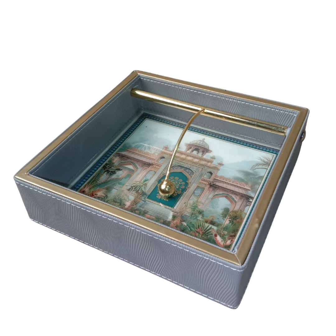 Luxury Peacock Leatherette Serving Tray Set of 2 with Tissue & Cutlery Holder