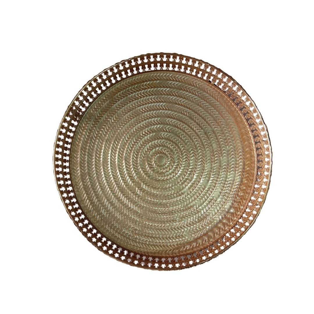 Decorative Gold Round Filigree Tray with Beaded Edges and Ornate Feet