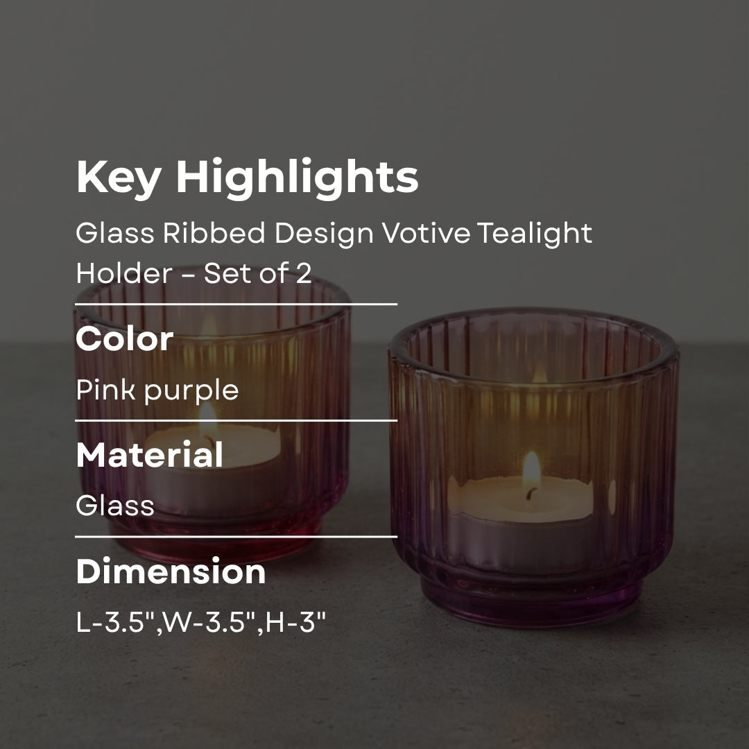 Set of 2 Pink & Purple Ribbed Glass Tea Light Holders