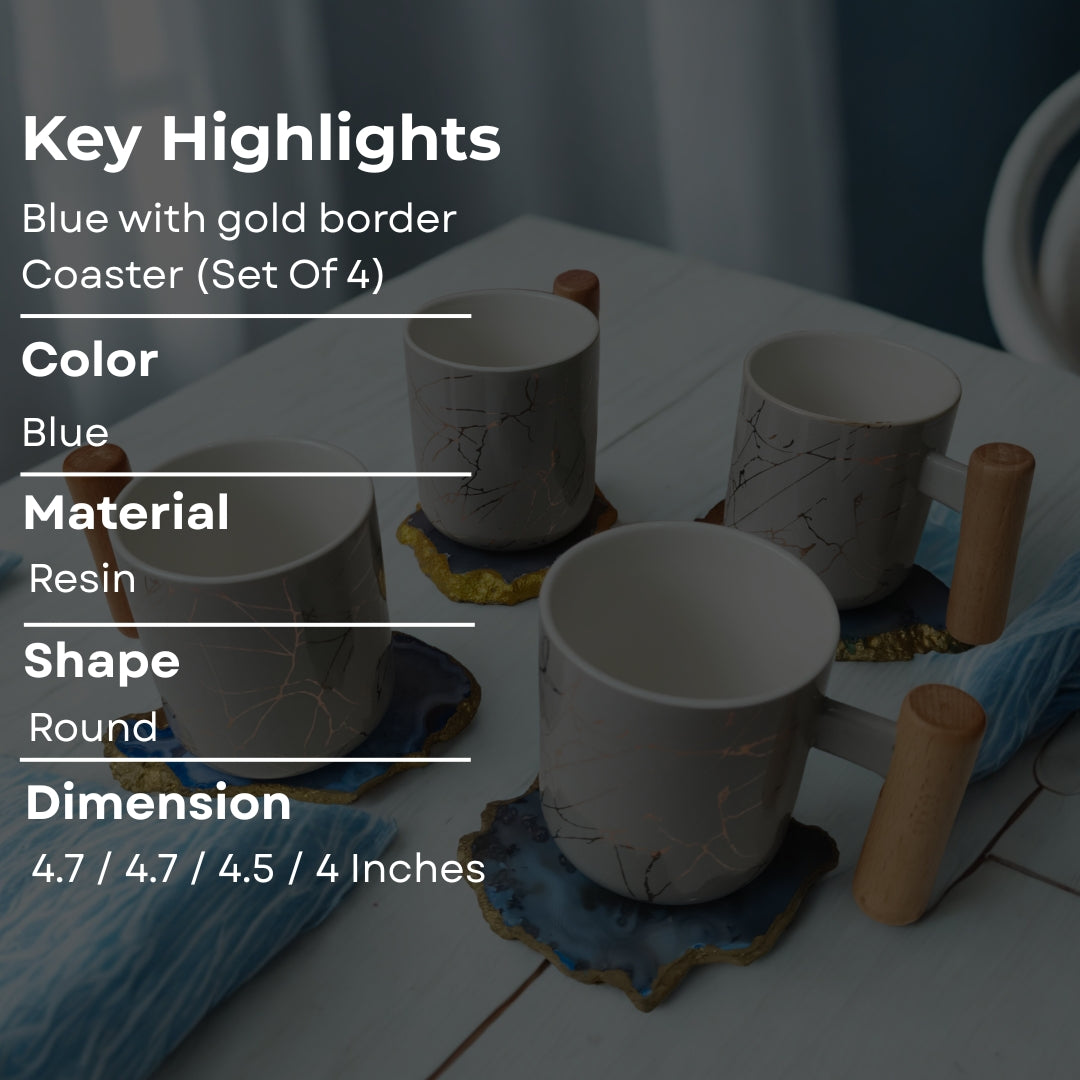 Table Coaster - Blue Agate Stone with Gold Lining Set Of 4