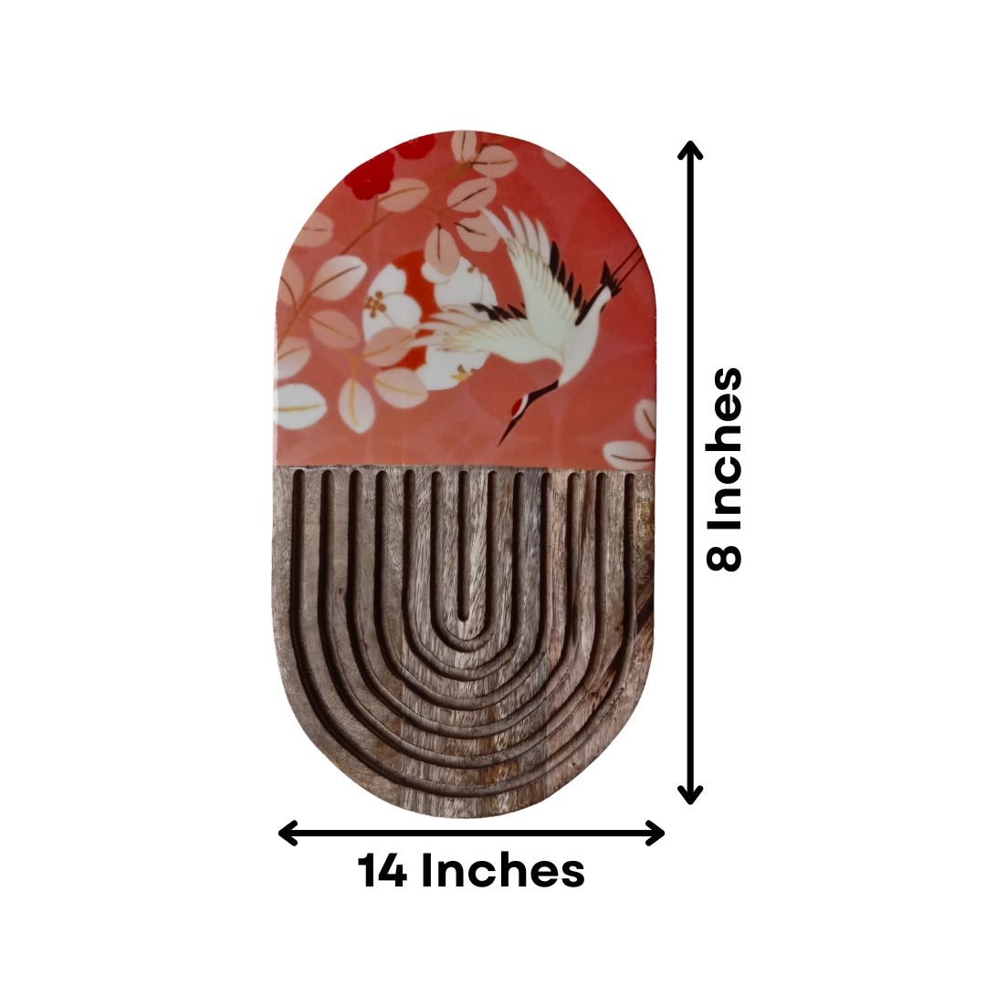 Flamingo Print Enamel & Ribbed Wooden Oval Platter