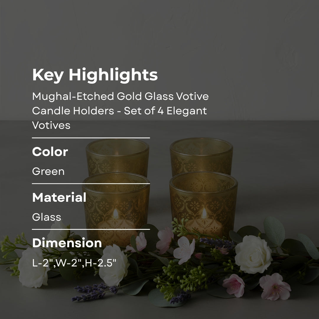 Mughal-Etched Gold Glass Votive Candle Holders - Set of 4 Elegant Votives