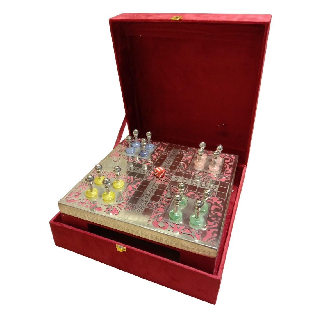 Luxury Silver Plated Ludo Box with Pull-Out Drawer, Metal Pawns & Red Velvet Base