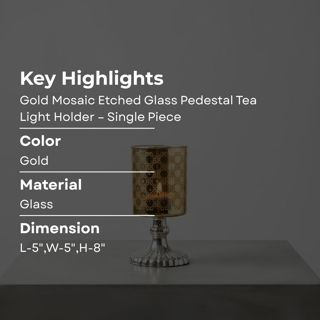 Set of 2 gold Mosaic Etched Glass Pedestal Tea Light Holders