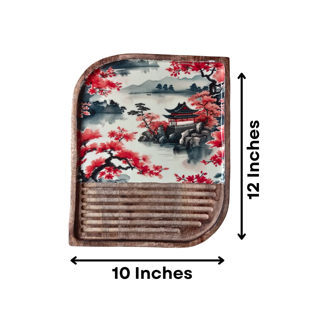 Japanese Art Print Enamel & Ribbed Wooden Rectangular Platter