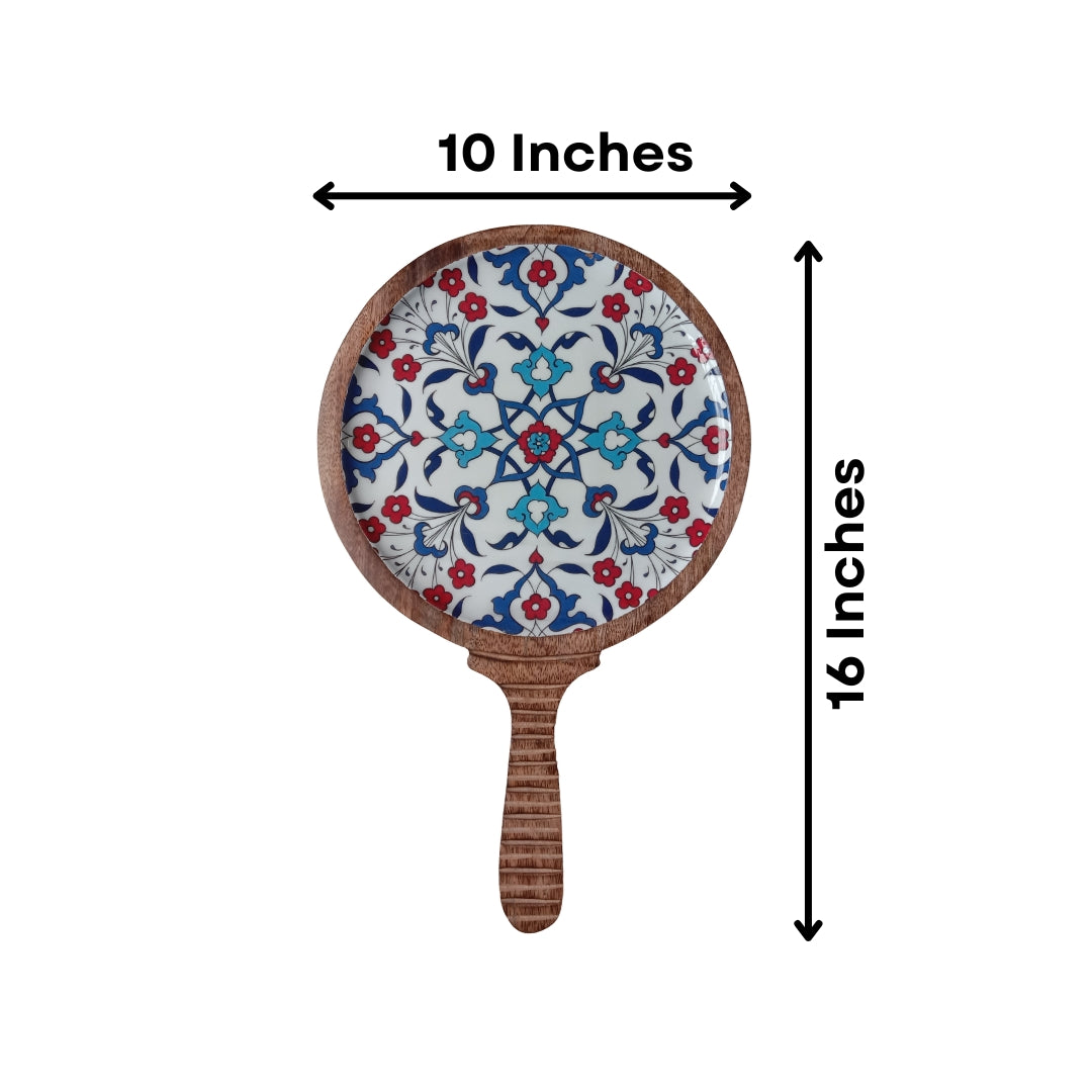 Turkish Print Enamel & Ribbed Wooden Round Serving Platter