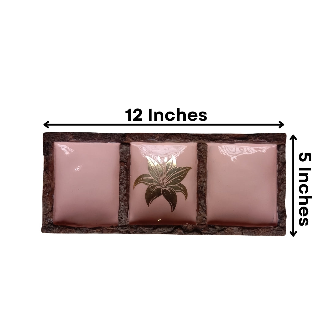 Peach Enamel Wooden 3-Section Dip & Nut Platter with Tulip Foil Print