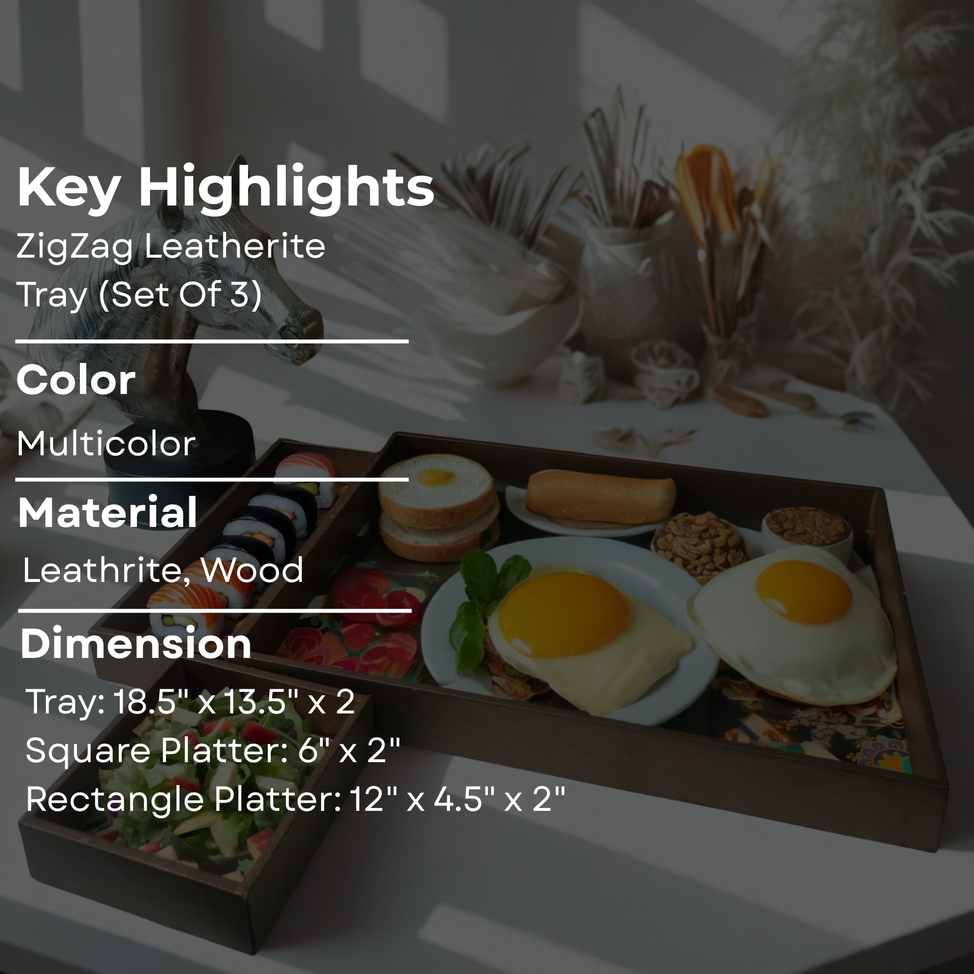 Wooden & Leatherette Zig Zag Multicolor Tray set of 3