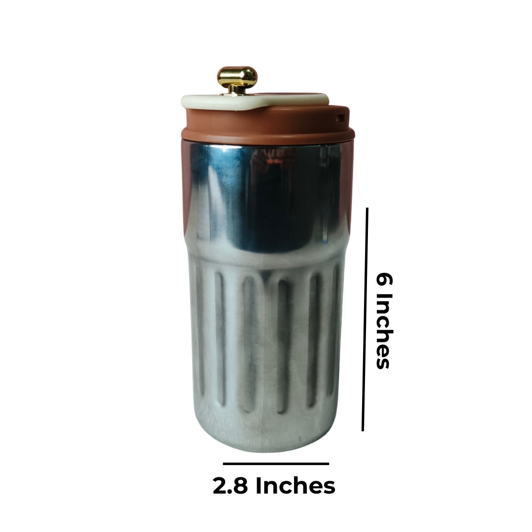 Stainless Steel Temperature Measure Sipper With Golden Capsule Knob And Brown Lid