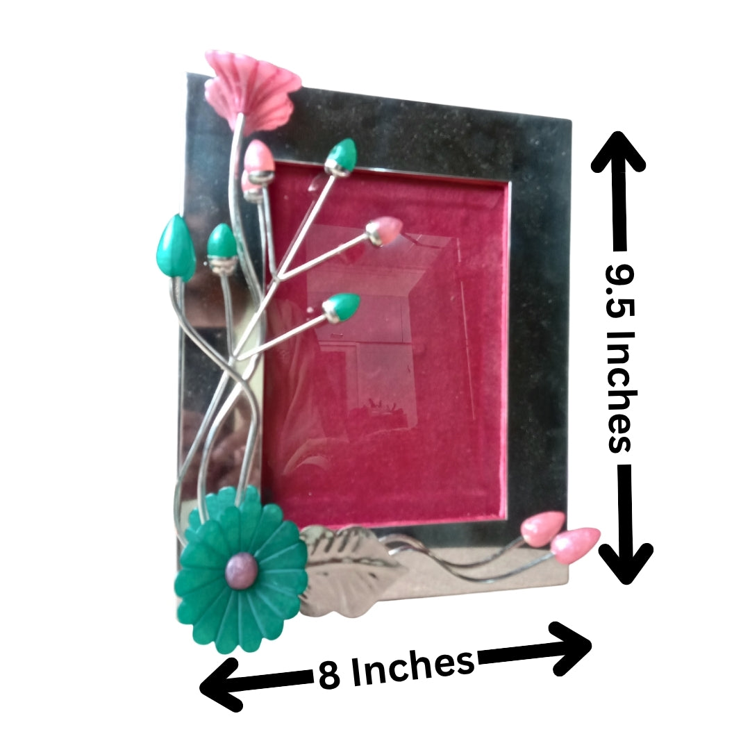 Silver-Plated Photo Frame with Pink & Teal Resin Floral Accents