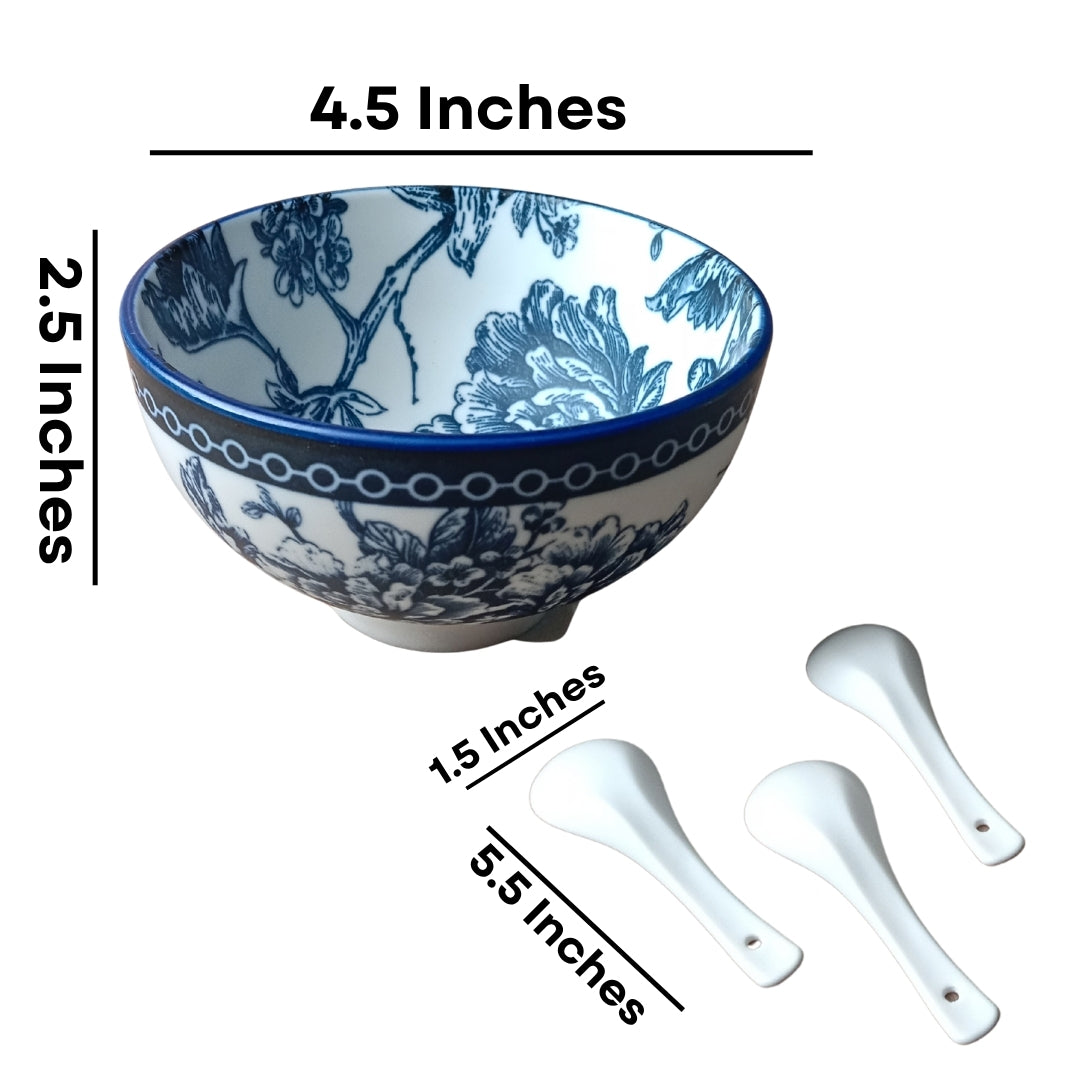 12 Pcs Blue & White Floral Ceramic Soup Bowl Set