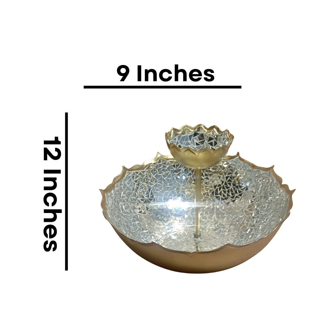 metal 2 tier urli with silver mosaic chips and lacquered-12"