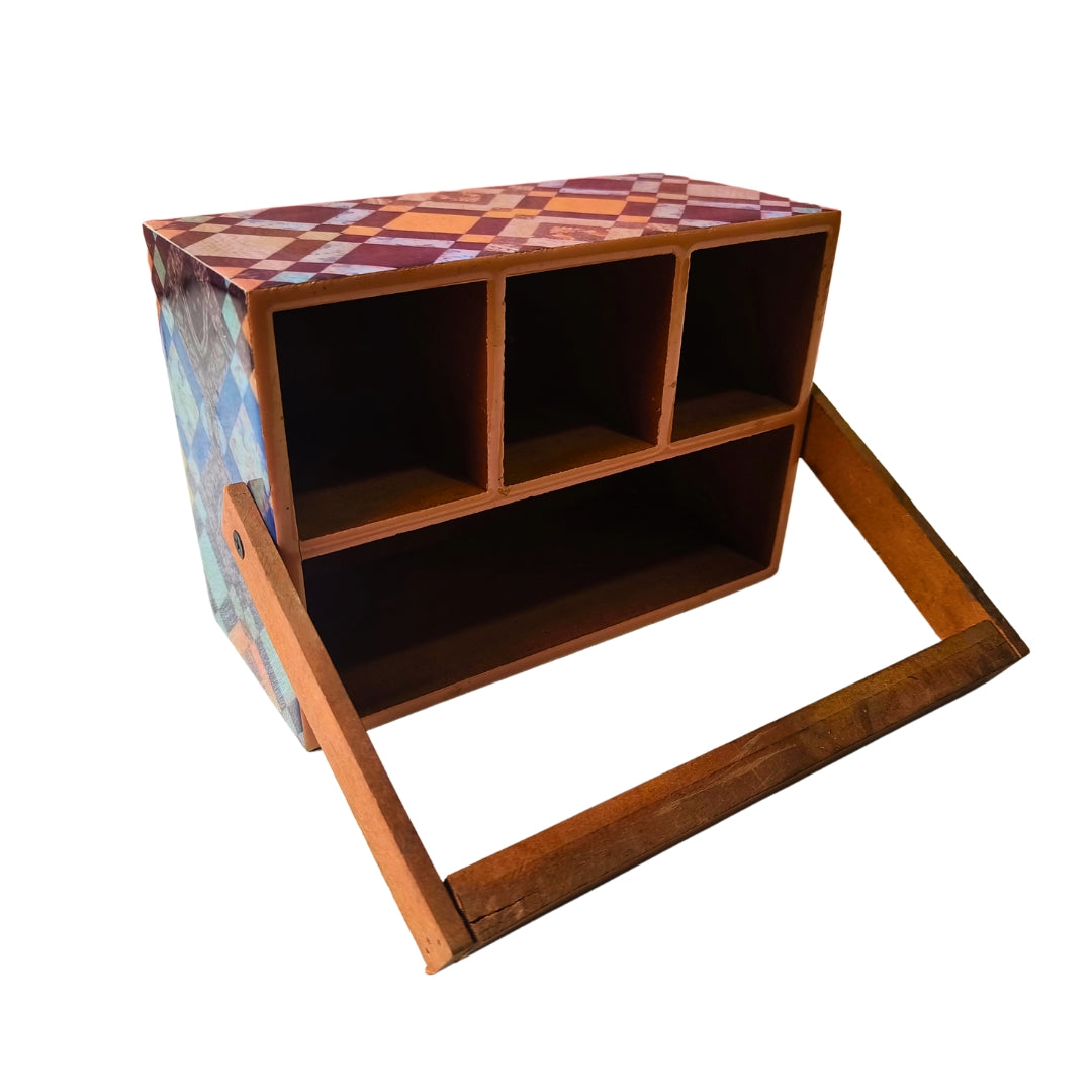 Caddy With Handle - Wooden 4 Partition Blue & Brown Diamond Print With Enamel